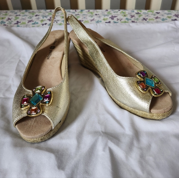 lindsay phillips Shoes - Lindsay Phillips Gold Wedge Sandals with Colorful Gem Accents Size 9